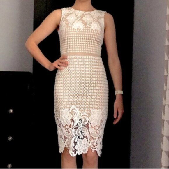 Lace crochet sleeveless dress in white and nude - Picture 1 of 6